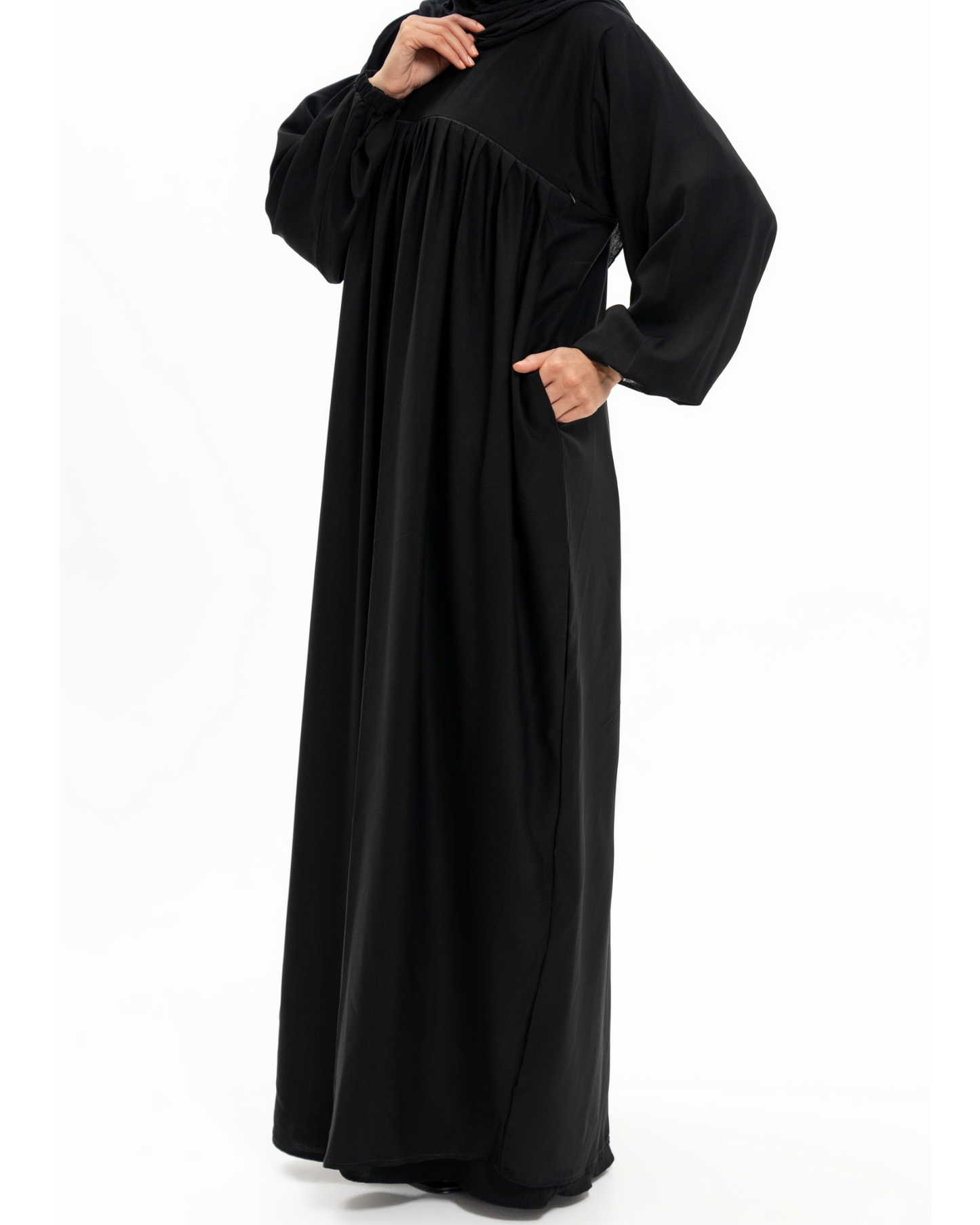Black Medina Silk Nursing Friendly Abaya with Balloon Sleeves and Pockets