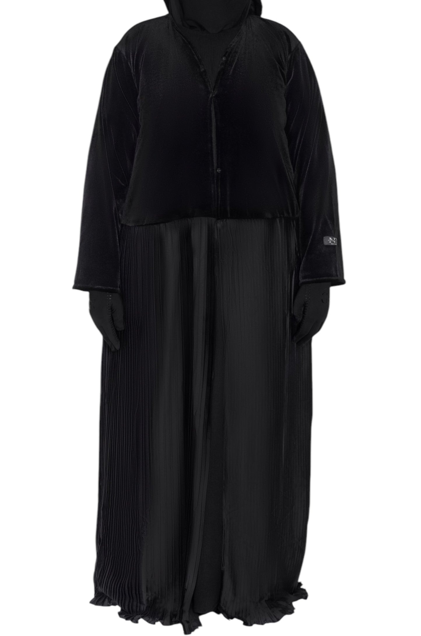 Velvet & Pleated Silk Abaya with Matching Sheila