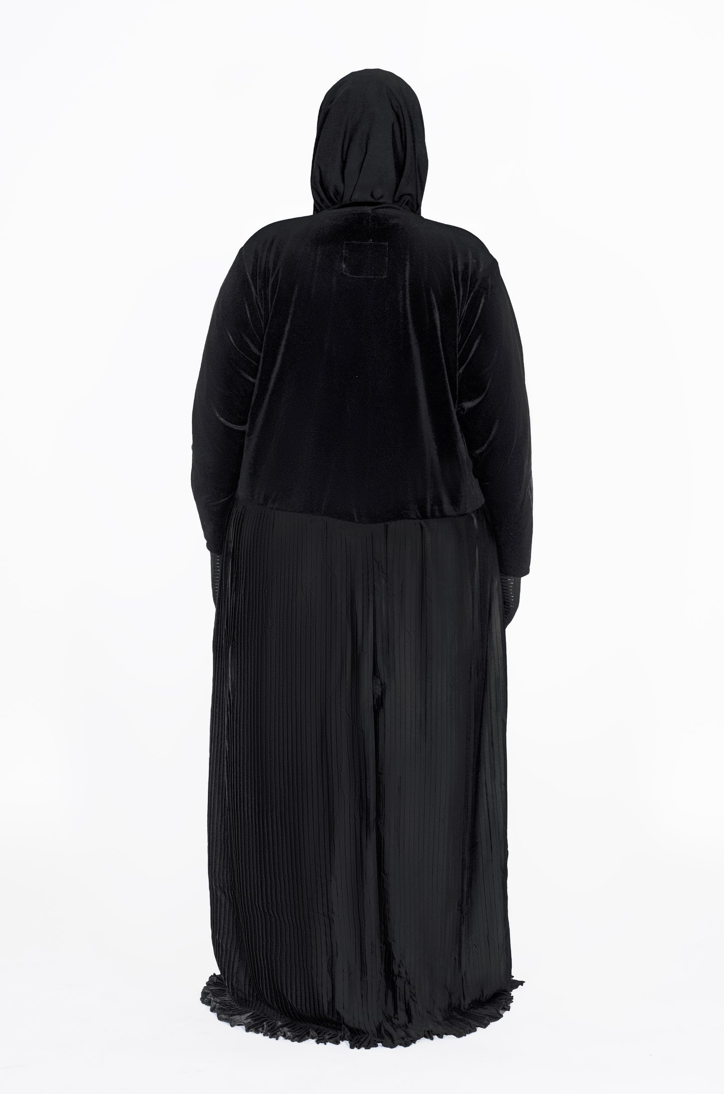 Velvet & Pleated Silk Abaya with Matching Sheila