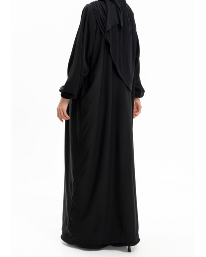 Black Medina Silk Nursing Friendly Abaya with Balloon Sleeves and Pockets