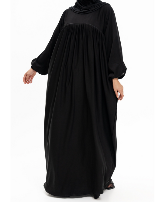 Black Medina Silk Nursing Friendly Abaya with Balloon Sleeves and Pockets