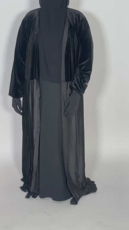 Velvet & Pleated Silk Abaya with Matching Sheila