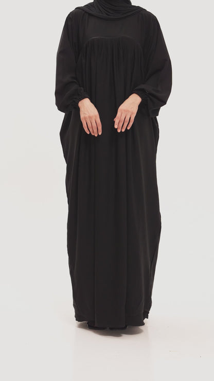 Black Medina Silk Nursing Friendly Abaya with Balloon Sleeves and Pockets