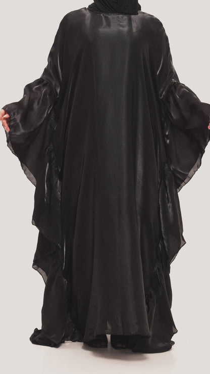 Black SilkFlutter Ruffle Butterfly Abaya